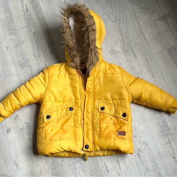 7 For All Mankind Yellow Puffer Jacket with Faux Fur Hood - Picture 1 of 3